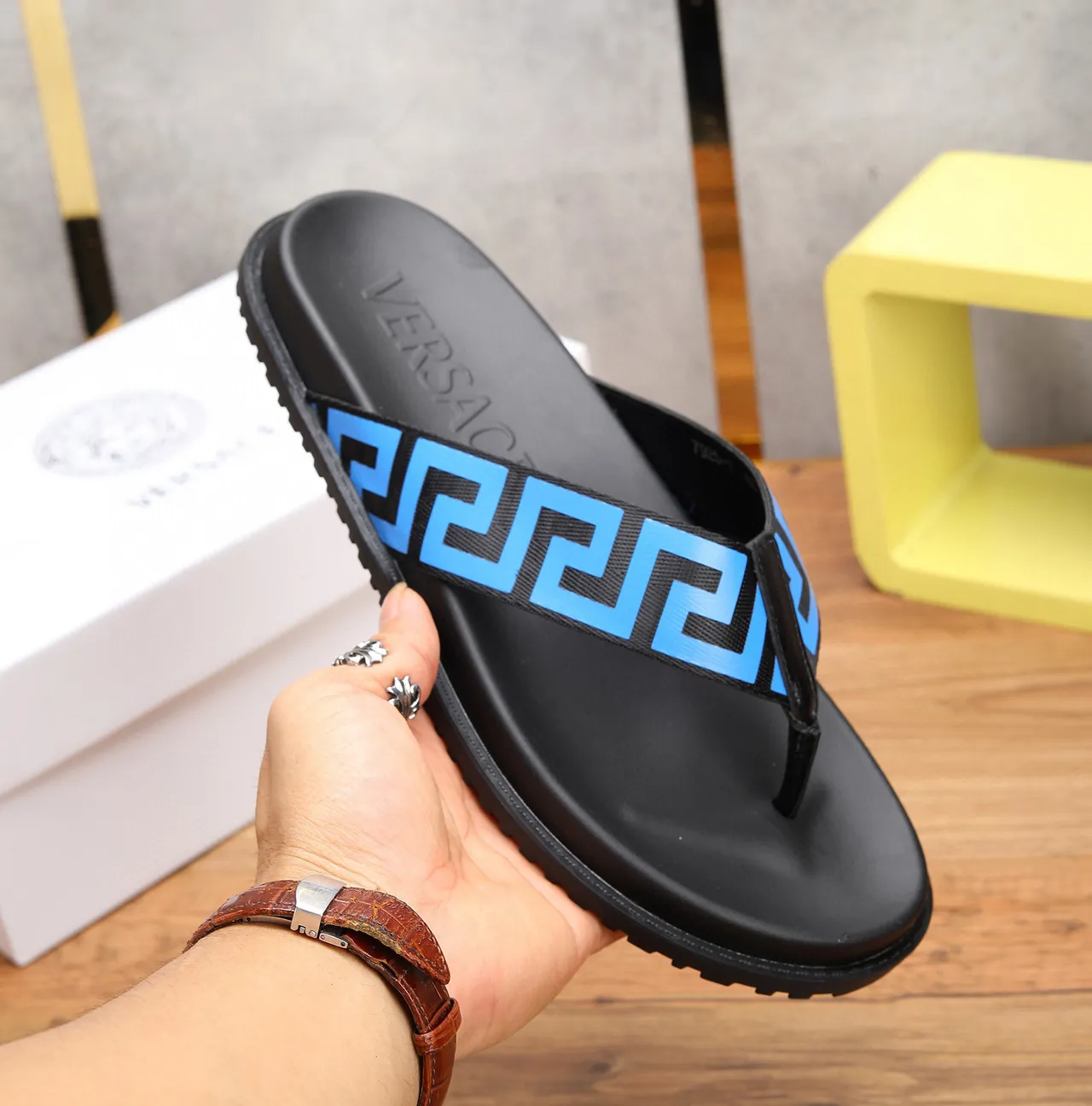 Versace Black Blue Greca-Patterned Strap Molded Rubber Sole Slippers 7