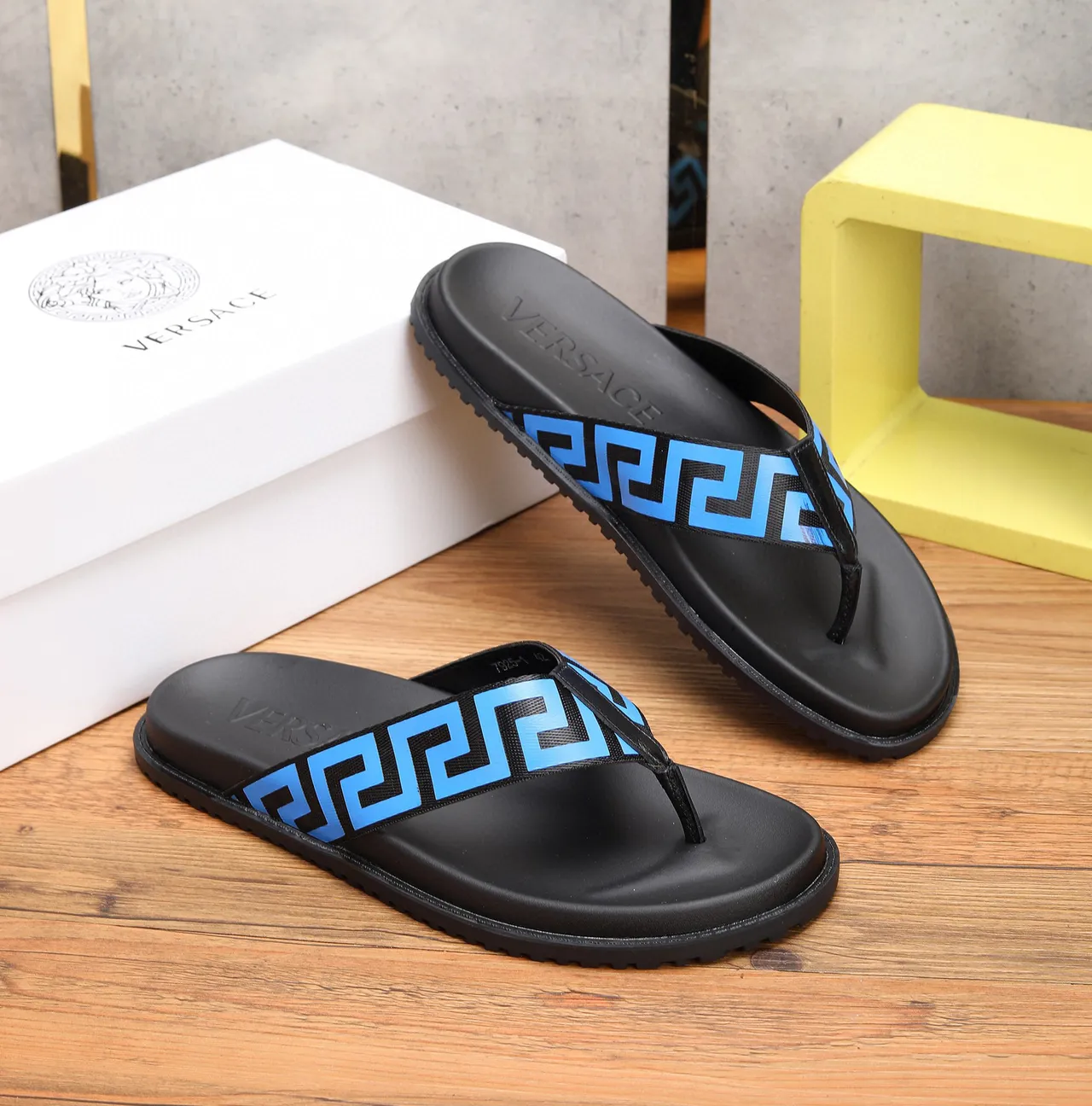 Versace Black Blue Greca-Patterned Strap Molded Rubber Sole Slippers 8