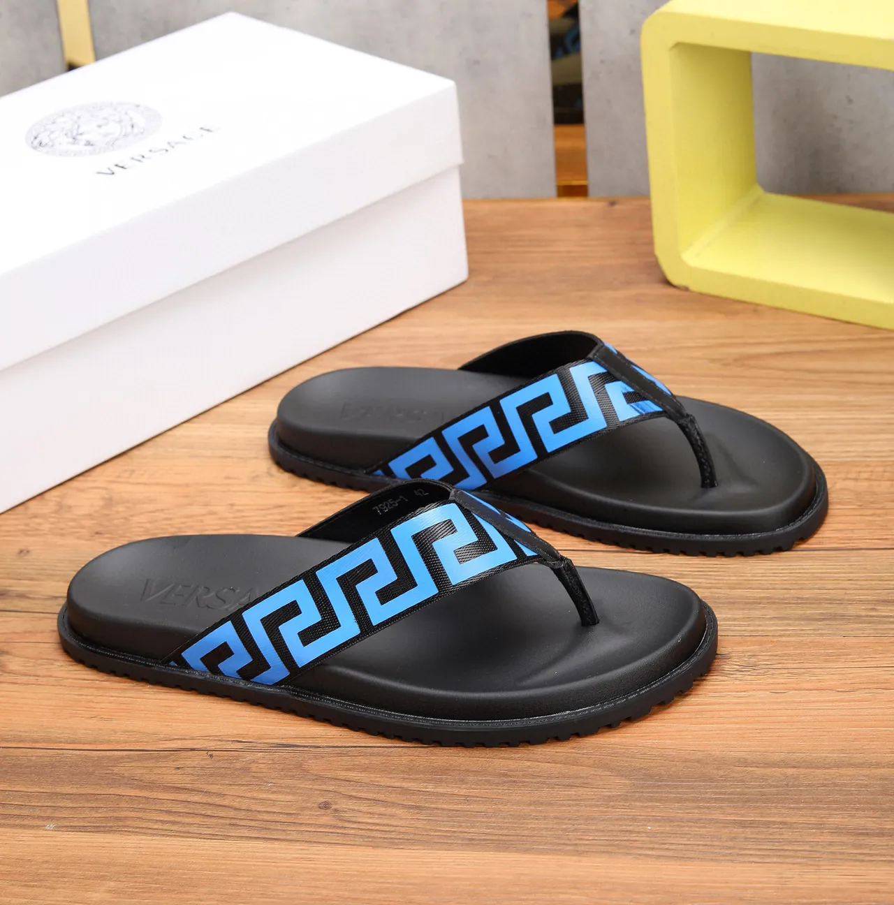 Versace Black Blue Greca-Patterned Strap Molded Rubber Sole Slippers 9