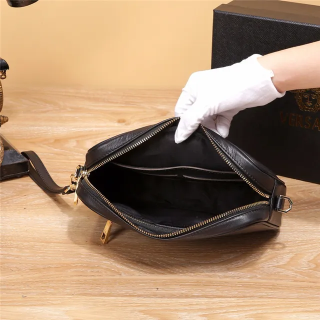 Versace Black Gold Boxy Rectangular Silhouette Smooth Leather-Like Finish Camera Bag 3