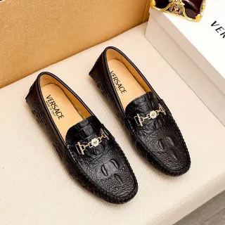 Versace Black Gold Crocodile-Embossed Leather Horsebit Buckle Loafer