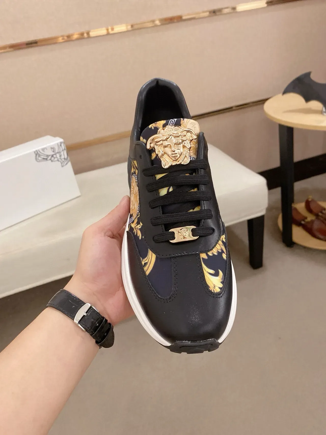Versace Black Gold Medusa-Print Side Panel Hardware Lifestyle Sneakers 2