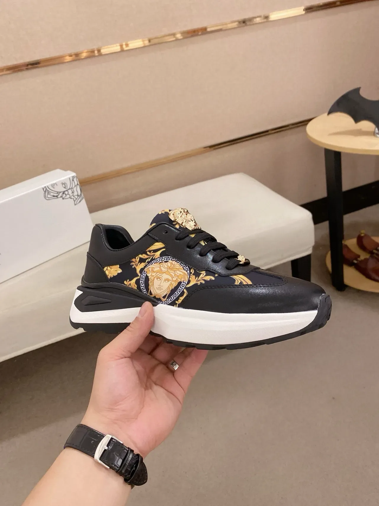 Versace Black Gold Medusa-Print Side Panel Hardware Lifestyle Sneakers 4