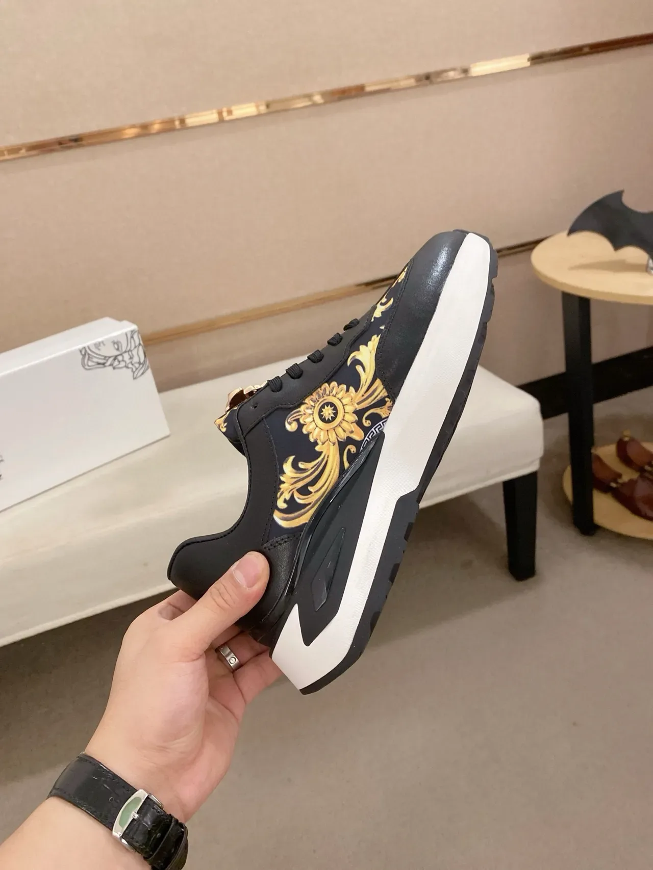 Versace Black Gold Medusa-Print Side Panel Hardware Lifestyle Sneakers 5