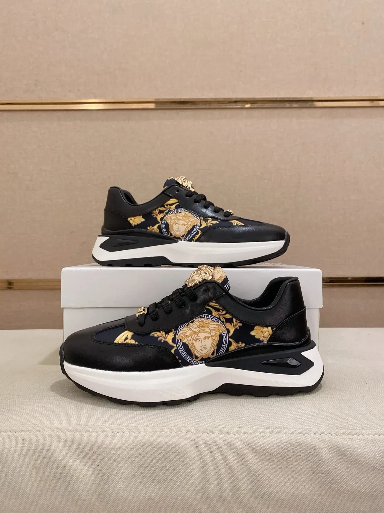 Versace Black Gold Medusa-Print Side Panel Hardware Lifestyle Sneakers 7