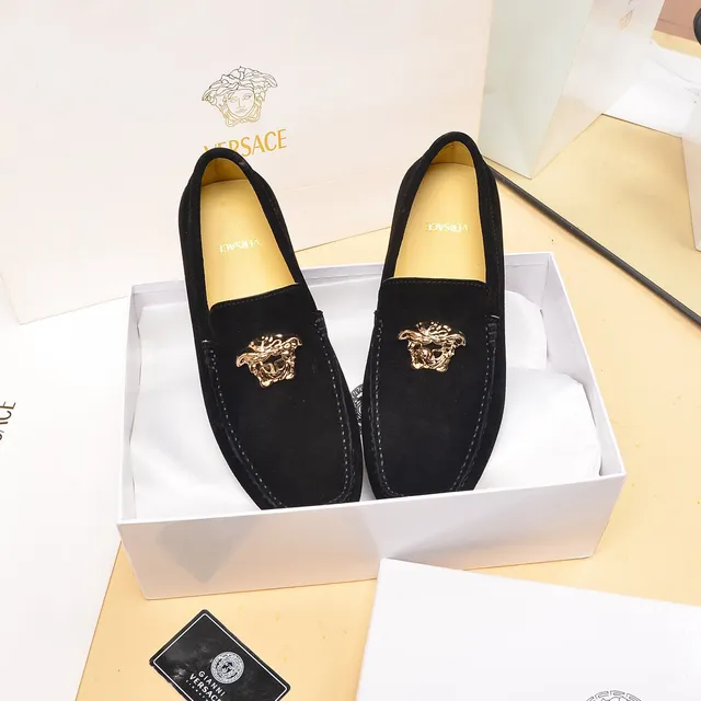 Versace Black Gold Suede Medusa Head Hardware Loafer 8