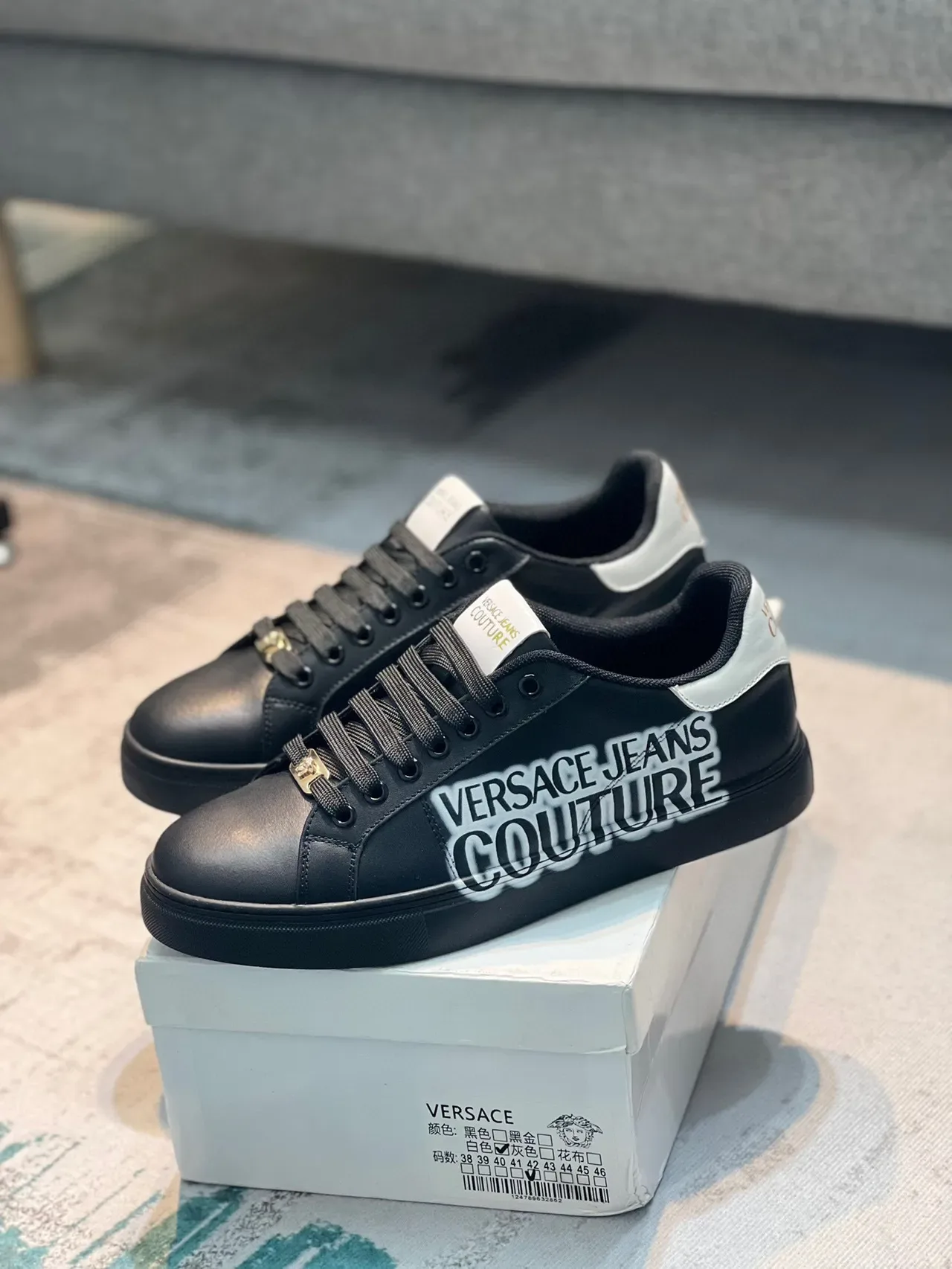 Versace Black White Leather Upper Bold Side Logo Print Lifestyle Sneakers 8
