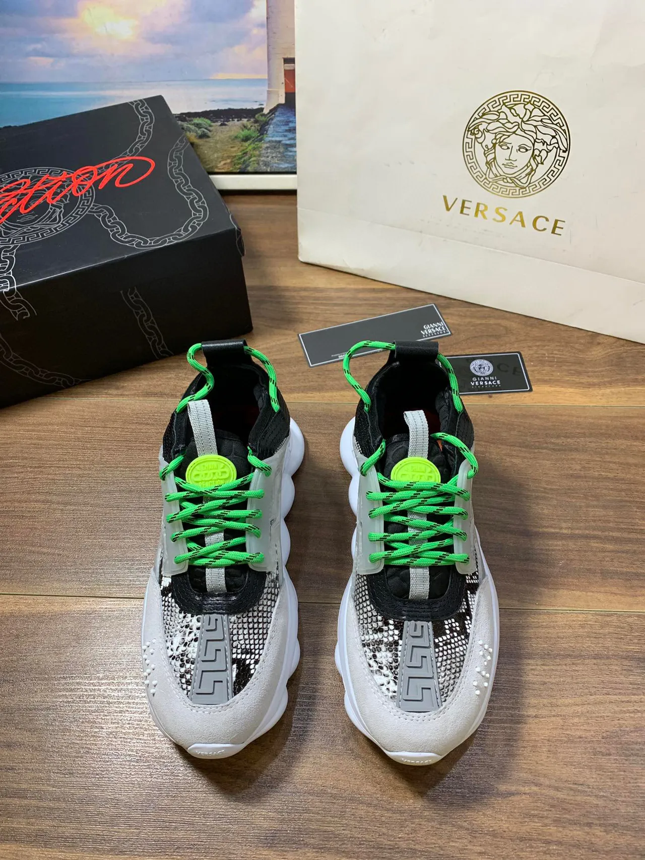Versace Chain Reaction Beige Gris Vert Néon Sneakers Chunky 9