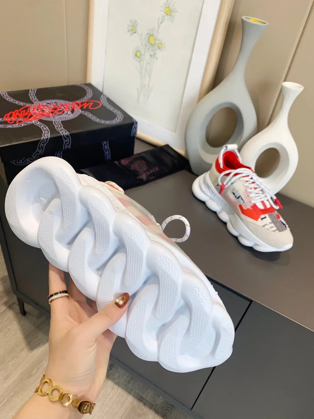 Versace Chain Reaction Beige Red Blue Patchwork Chunky Sneakers 2