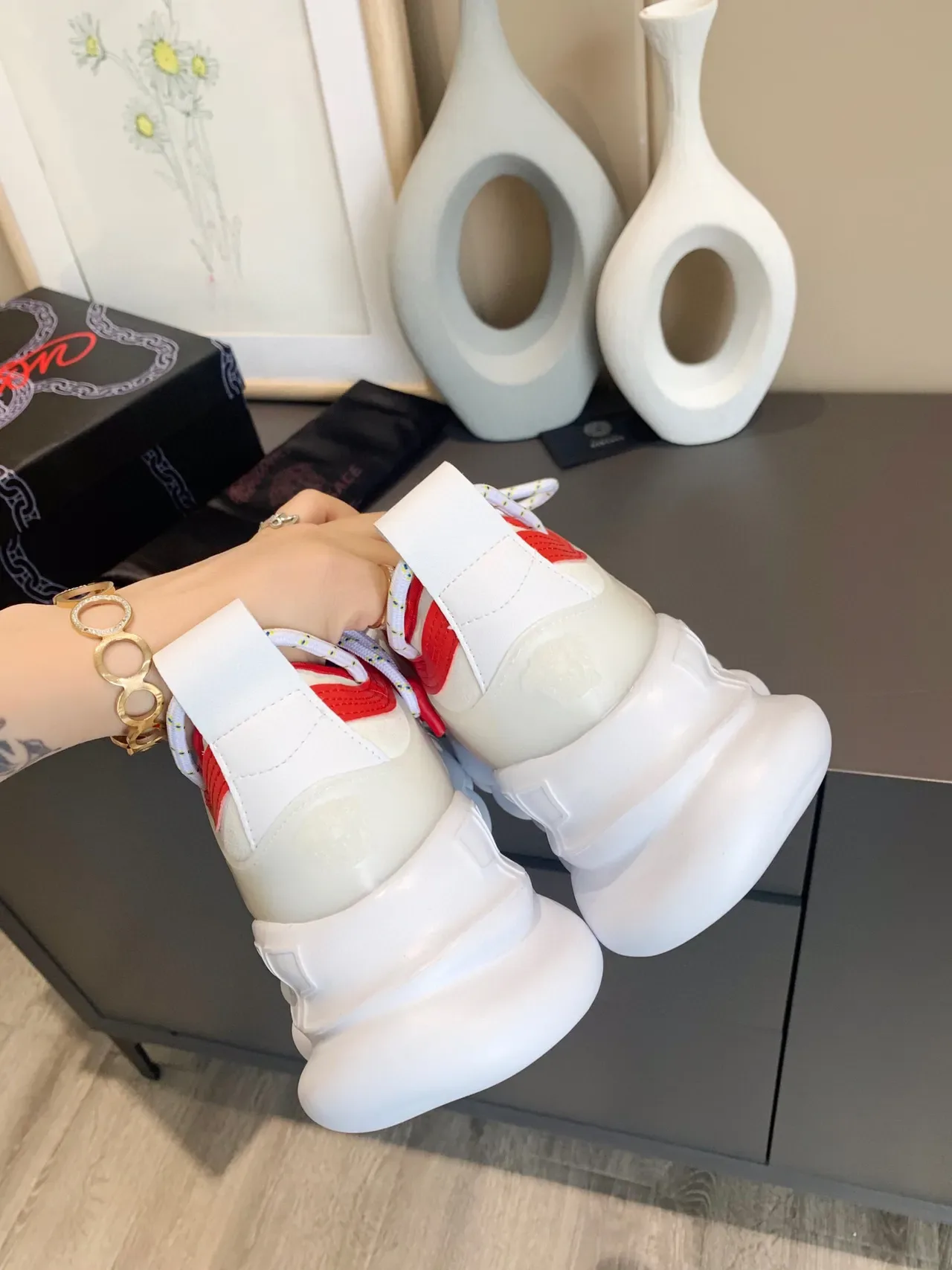 Versace Chain Reaction Beige Red Blue Patchwork Chunky Sneakers 3