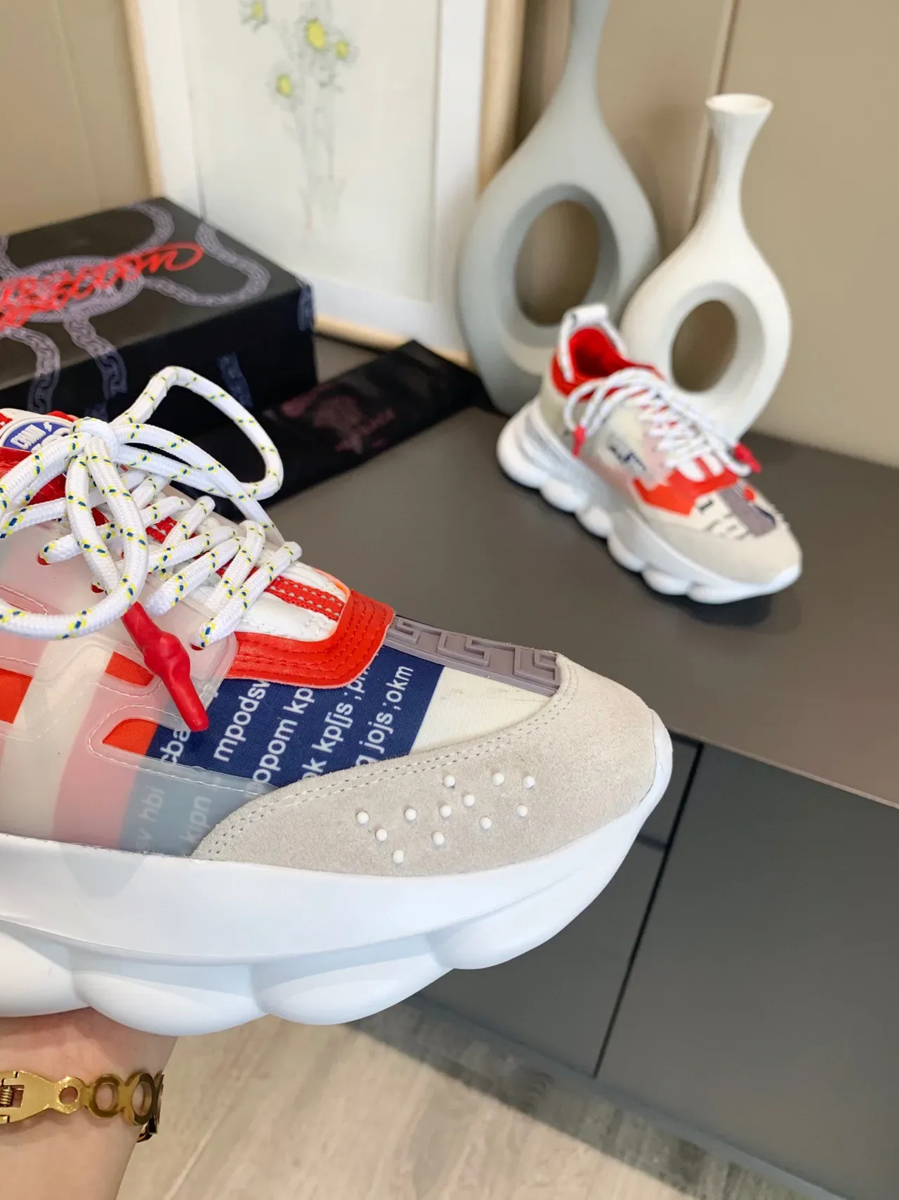 Versace Chain Reaction Beige Red Blue Patchwork Chunky Sneakers 4