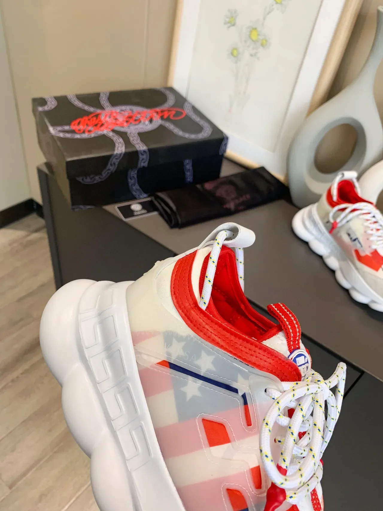 Versace Chain Reaction Beige Red Blue Patchwork Chunky Sneakers 5
