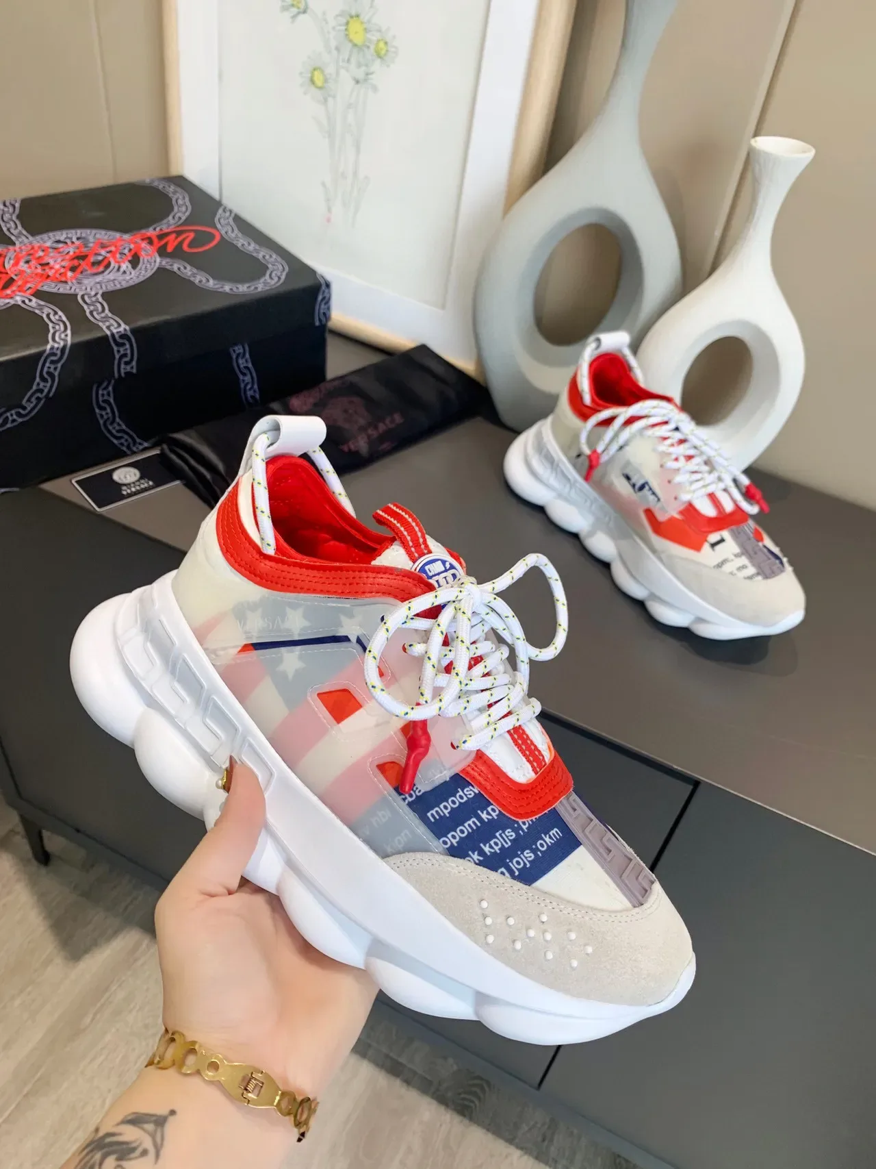 Versace Chain Reaction Beige Red Blue Patchwork Chunky Sneakers 6