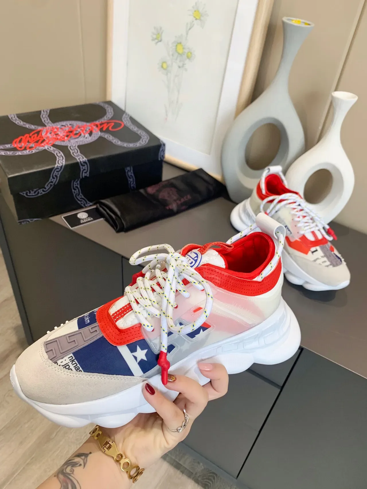 Versace Chain Reaction Beige Red Blue Patchwork Chunky Sneakers 7