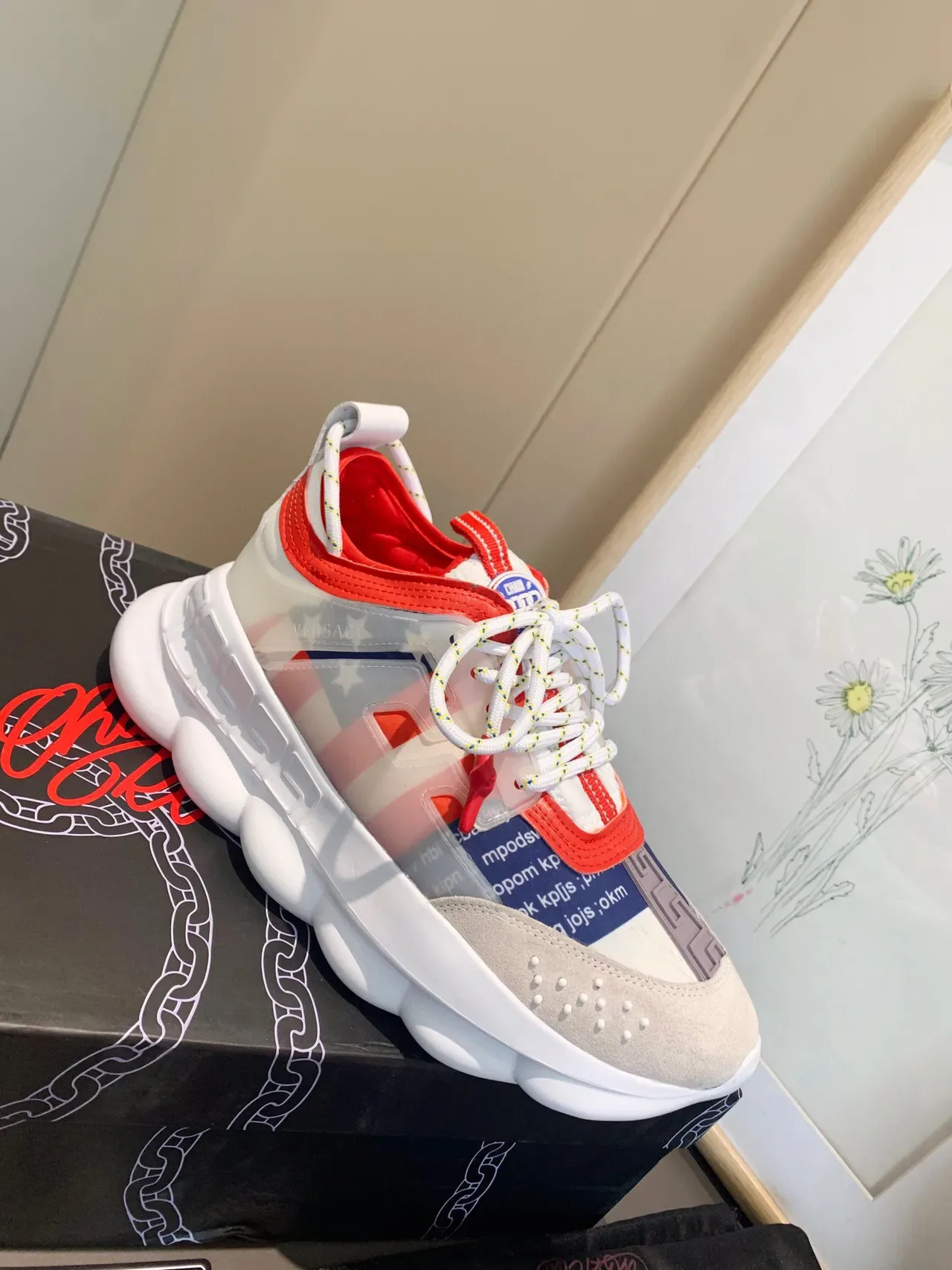 Versace Chain Reaction Beige Red Blue Patchwork Chunky Sneakers 9