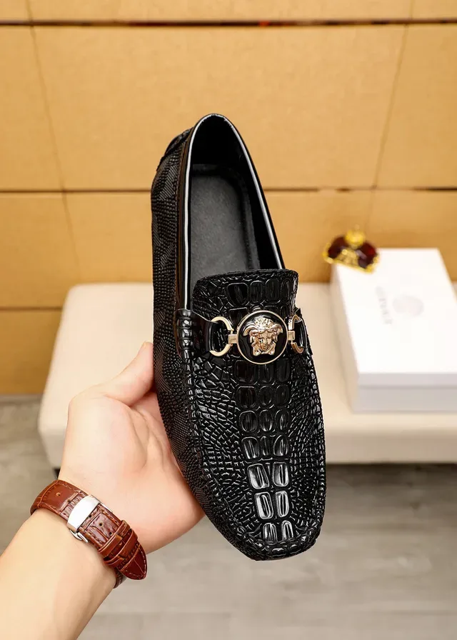 Versace Chain Reaction Croc-Embossed Black Loafers 5