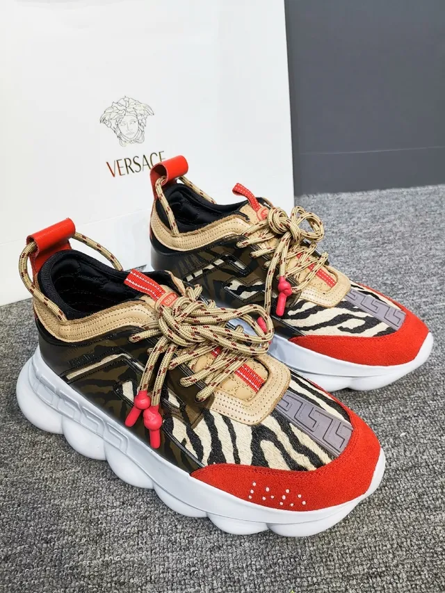 Versace Chain Reaction Rouge Multicolore Semelle Sculptée Superposition d'Impression Zèbre Chaussures Chunky 1