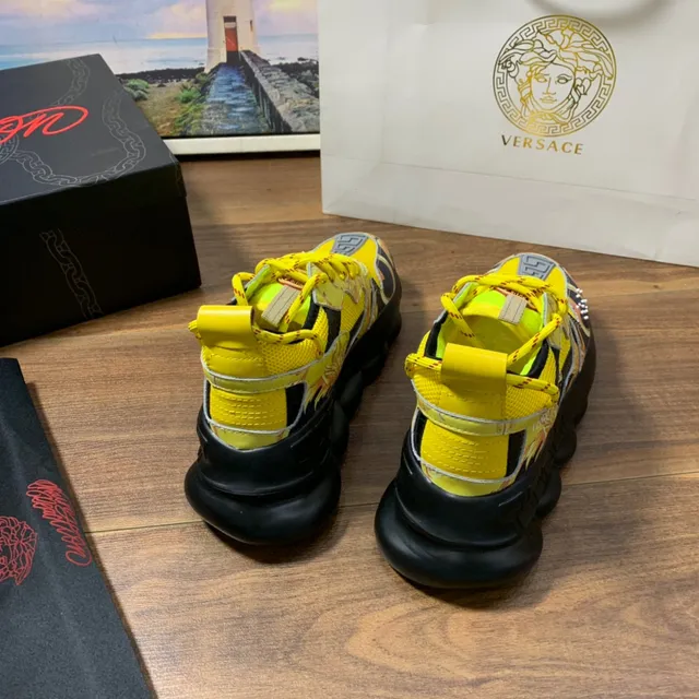 Versace Chain Reaction Sola Amarela Preta Impressão Gráfica Barroca Tênis Chunky 5