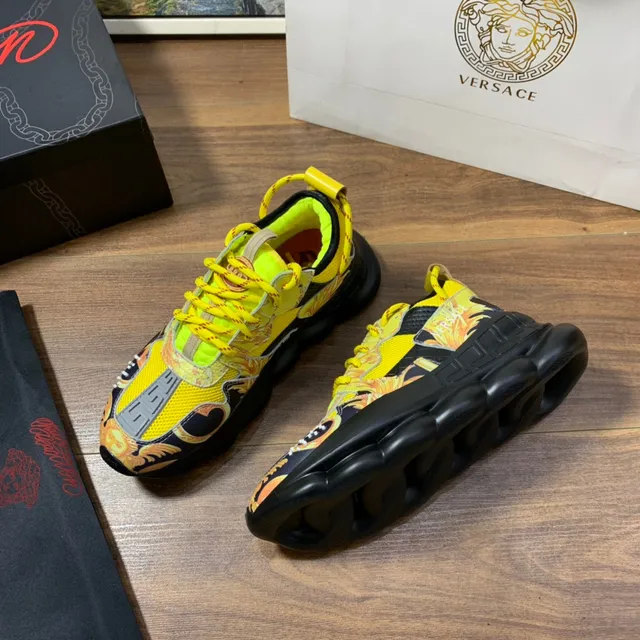 Versace Chain Reaction Sola Amarela Preta Impressão Gráfica Barroca Tênis Chunky 6