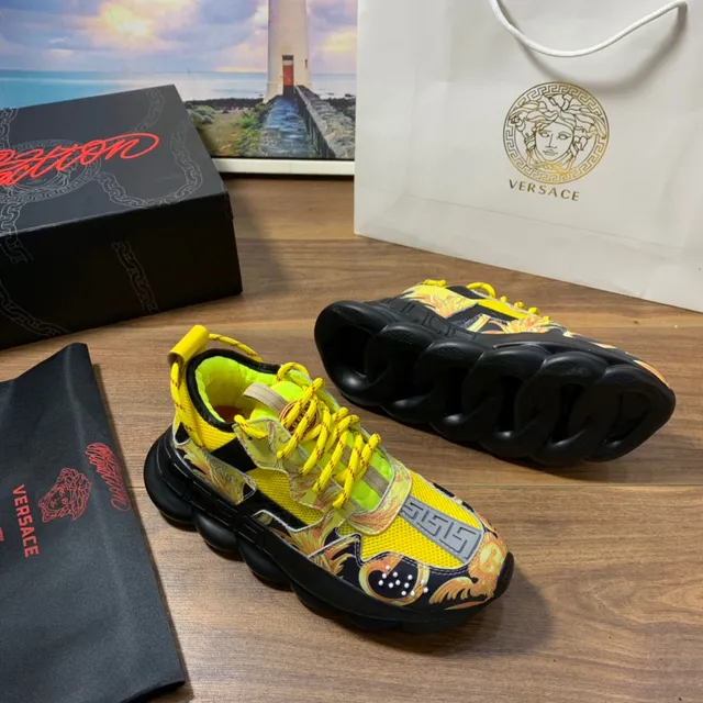 Versace Chain Reaction Sola Amarela Preta Impressão Gráfica Barroca Tênis Chunky 7