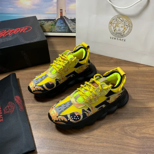 Versace Chain Reaction Sola Amarela Preta Impressão Gráfica Barroca Tênis Chunky 8