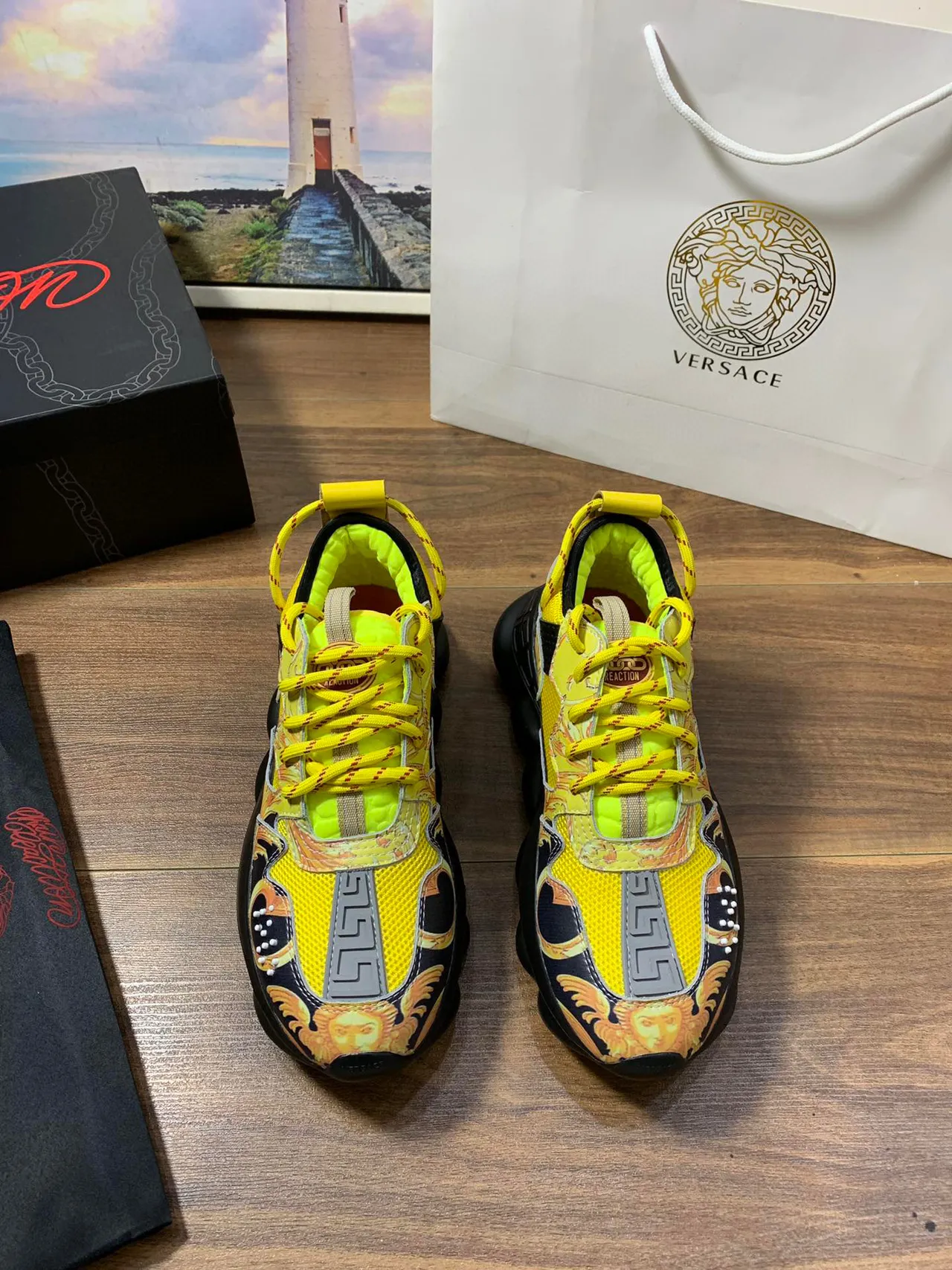 Versace Chain Reaction Sola Amarela Preta Impressão Gráfica Barroca Tênis Chunky 9