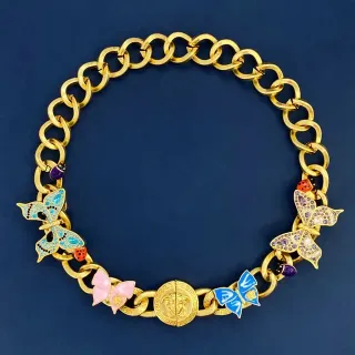 Collar Versace Cadena Curb Oro Multicolor Charm Mariposa Esmaltado