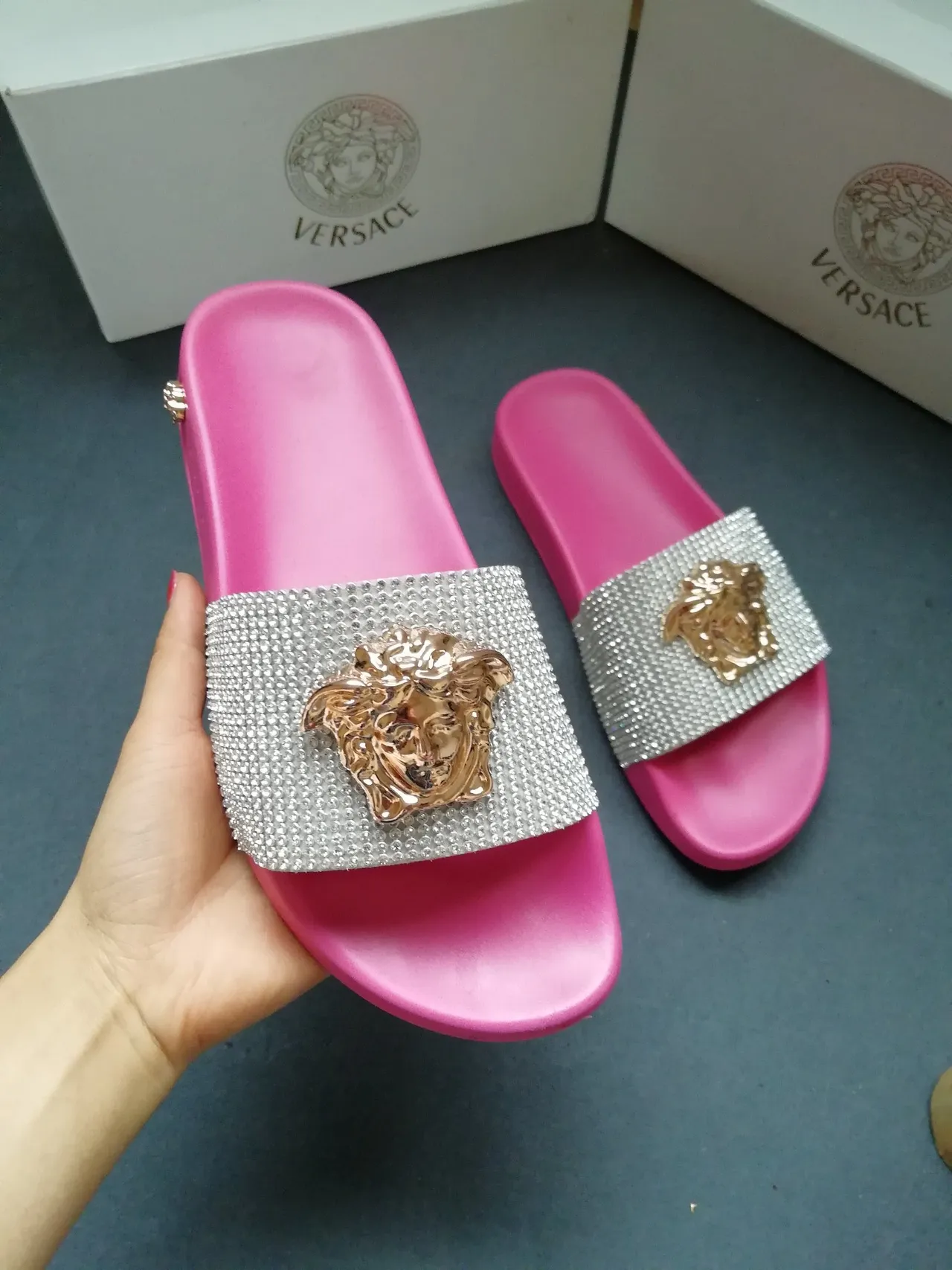Versace Medusa Slide Pink Crystal Strap Slippers 2