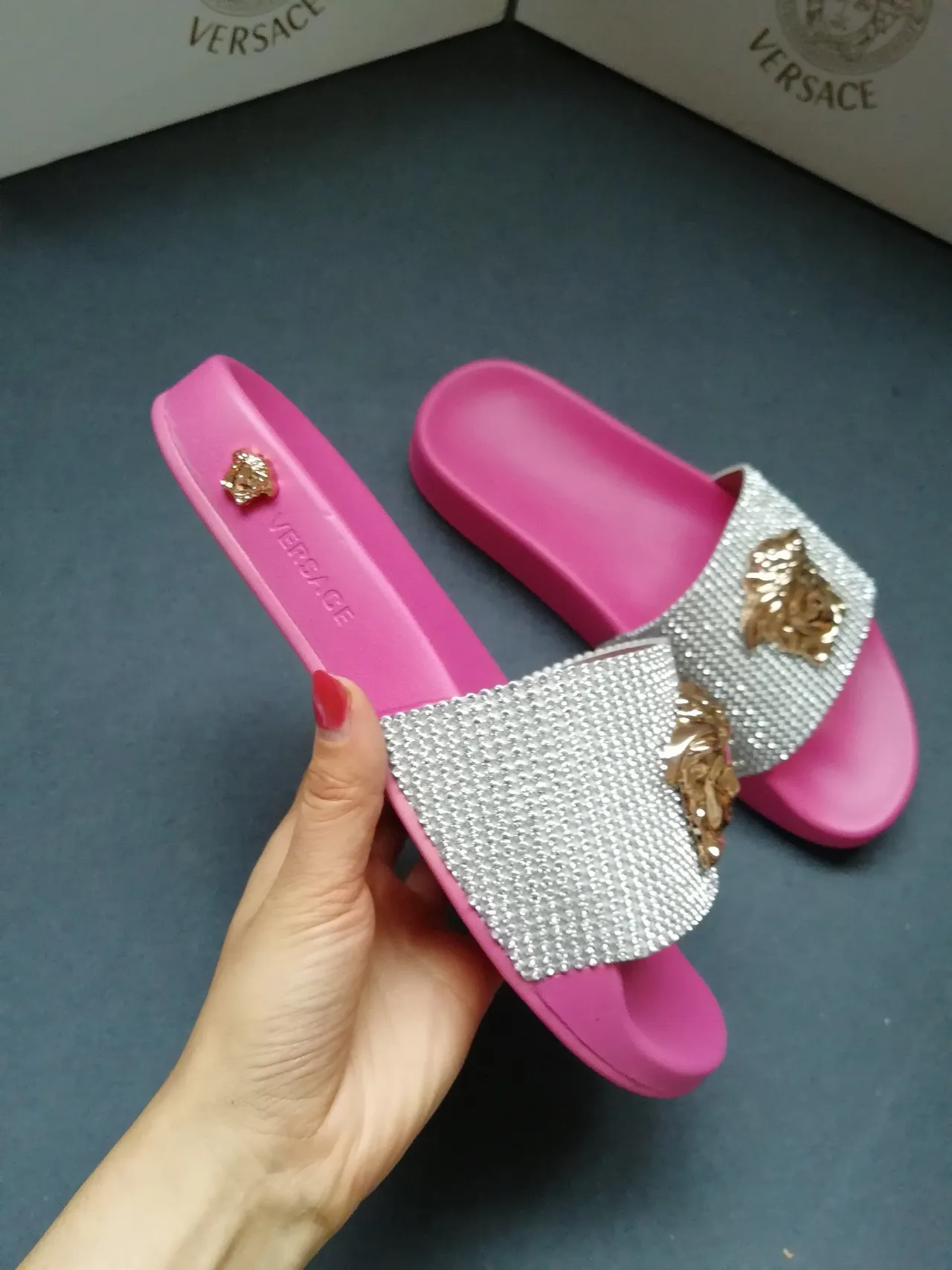 Versace Medusa Slide Pink Crystal Strap Slippers 3
