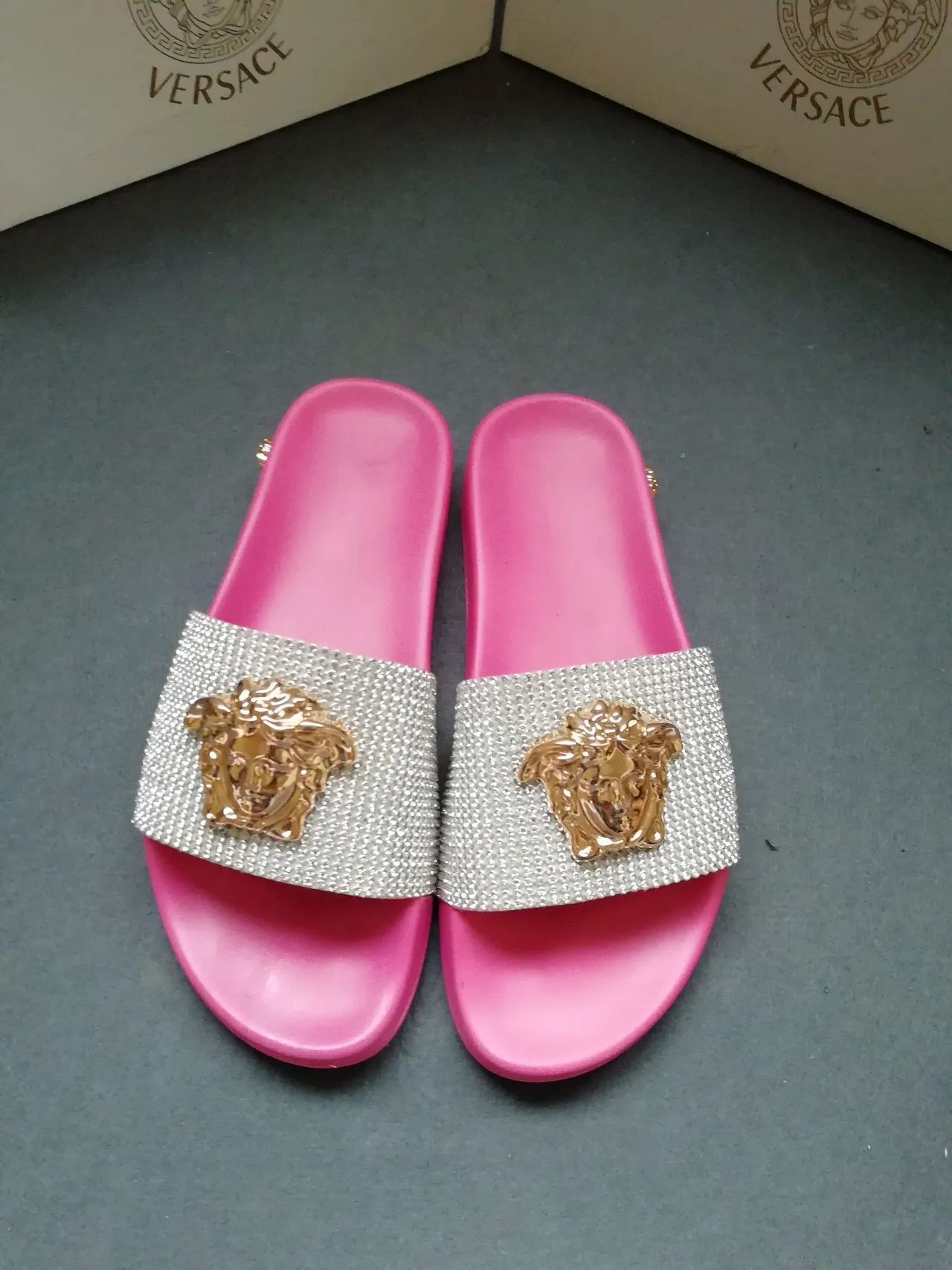 Versace Medusa Slide Pink Crystal Strap Slippers 4