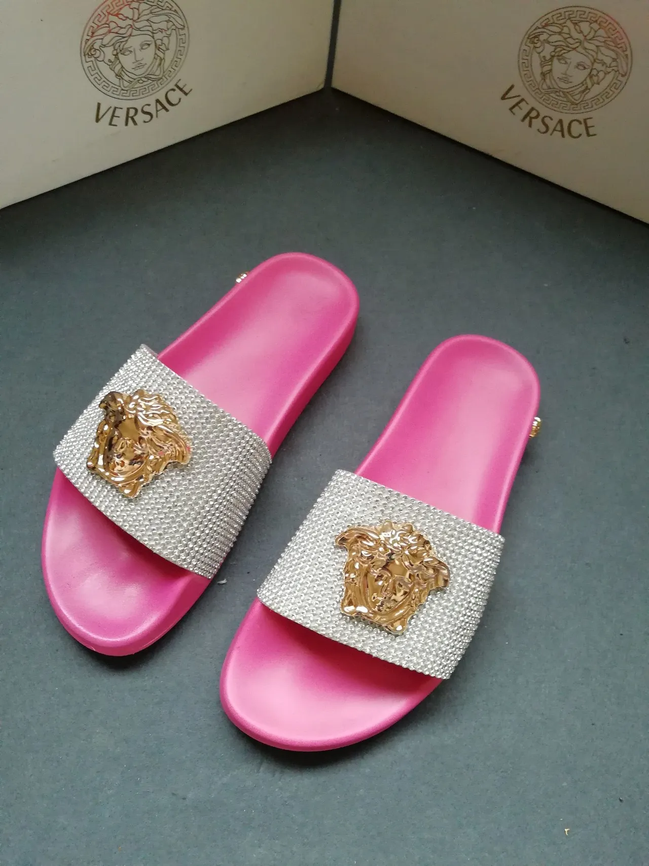 Versace Medusa Slide Pink Crystal Strap Slippers 5