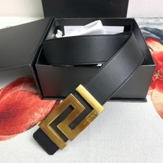 Versace Odissea काली सोने की चिकनी ज्यामितिक Greca बकिल चमड़ी का पट्टा