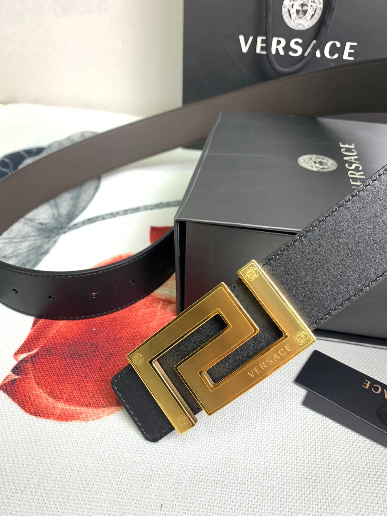 Versace Odissea Cinto de couro preto dourado suave geométrico Greca fivela 5