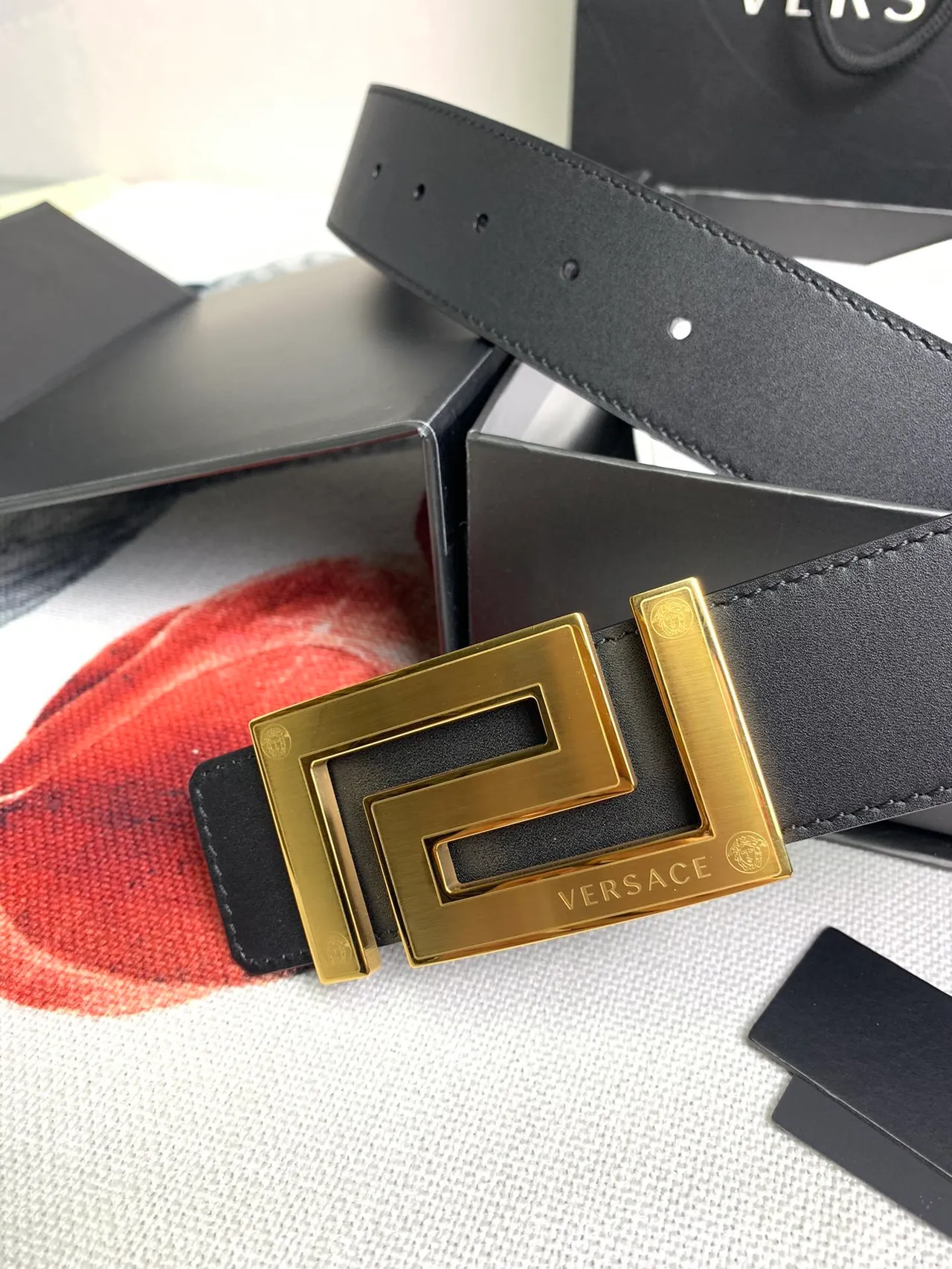 Versace Odissea Cinto de couro preto dourado suave geométrico Greca fivela 6