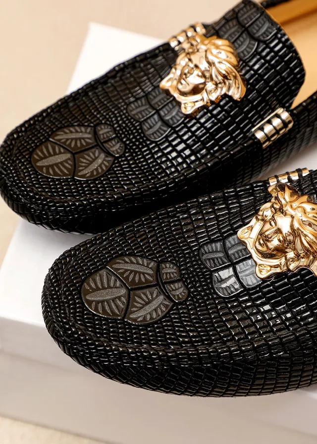 Versace Palazzo Loafer Cuir Noir à embossage crocodile Doré Tête de Méduse Mocassins 2