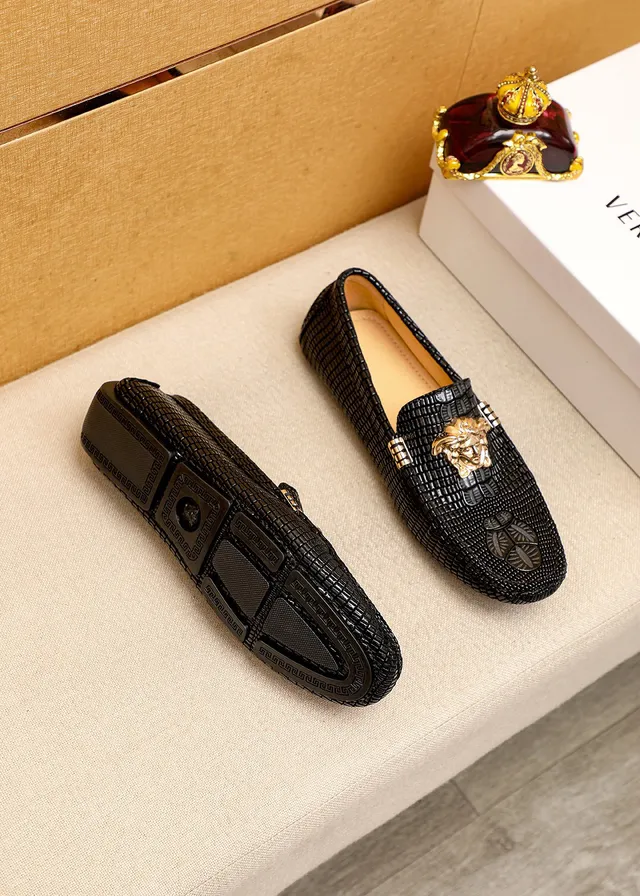 Versace Palazzo Loafer Cuir Noir à embossage crocodile Doré Tête de Méduse Mocassins 9