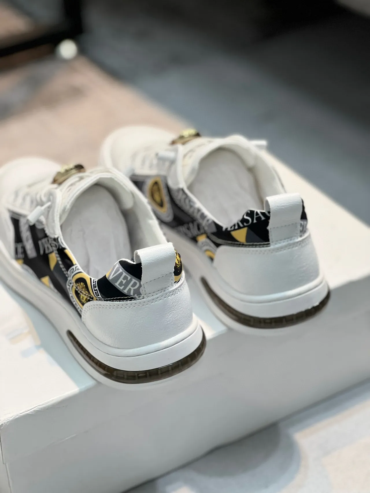 Versace White Black Leather Upper Printed Side Panel Lifestyle Sneakers 2