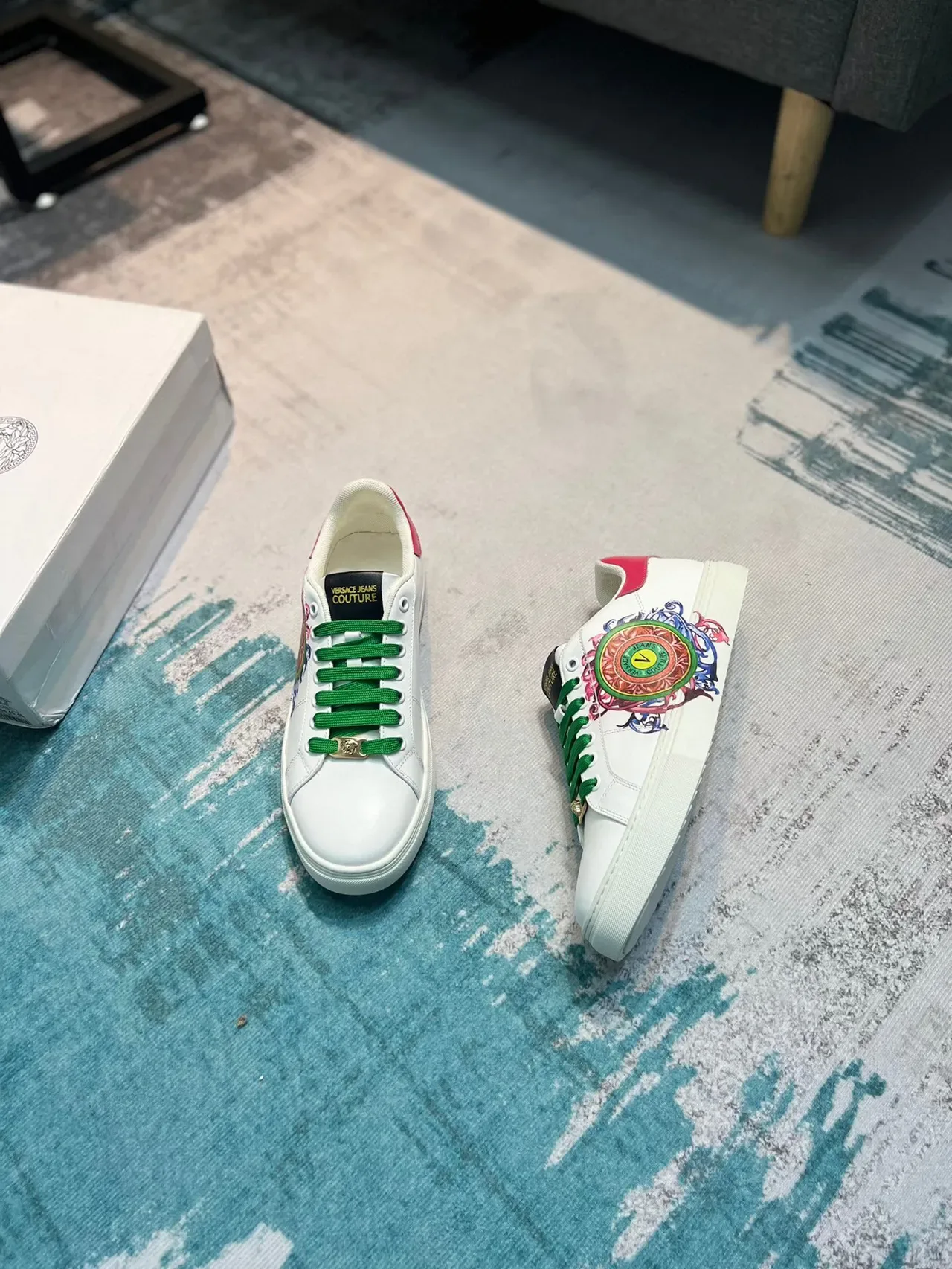 Versace White Green Leather Upper Laces Lifestyle Sneakers 4