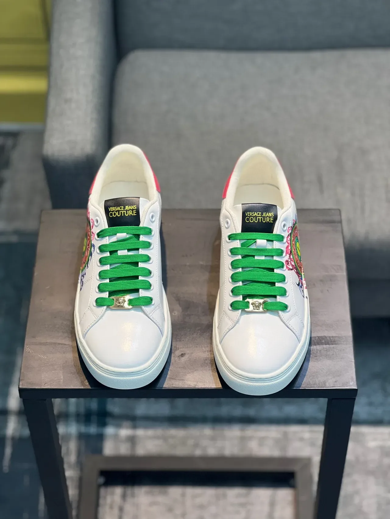 Versace White Green Leather Upper Laces Lifestyle Sneakers 7