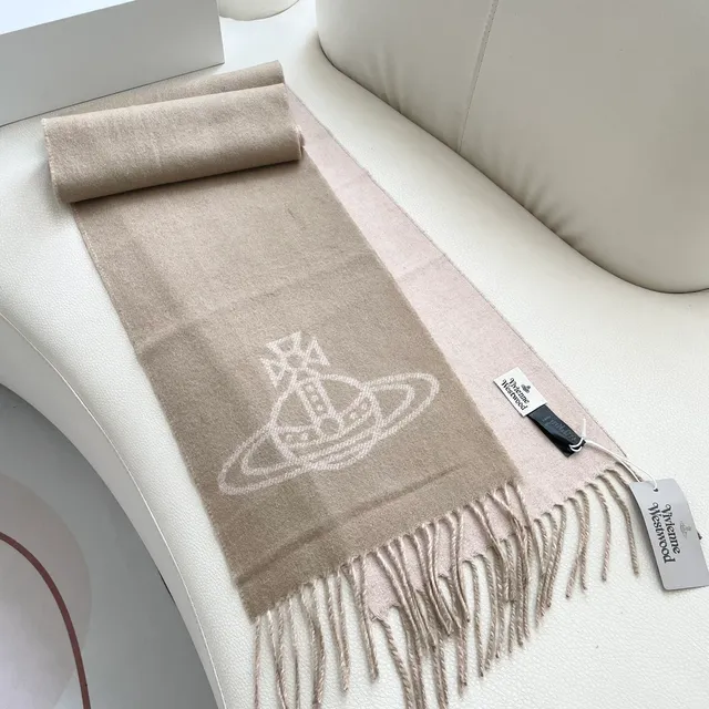 Vivienne Westwood Orb Logo Écharpe Beige Double-Face Frangée en Cachemire 5