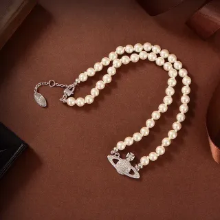 Vivienne Westwood Orb Necklace Beige Silver Pearl Strand Pendant Necklace