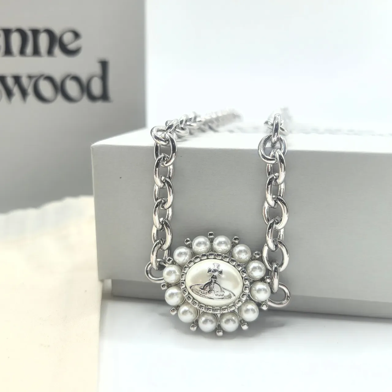 Vivienne Westwood Pearl Orb Gold and Silver Tone Necklace 3