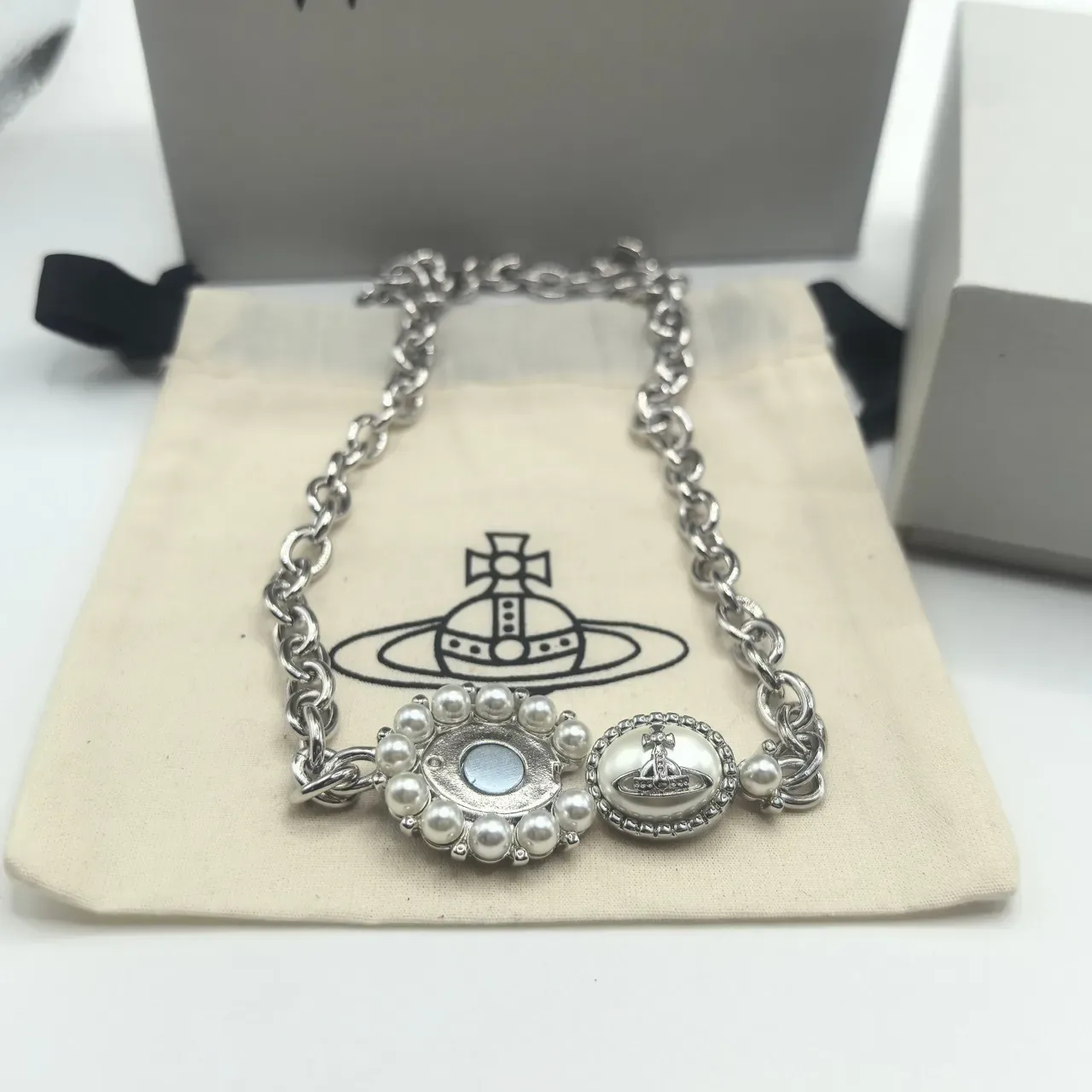 Vivienne Westwood Pearl Orb Gold and Silver Tone Necklace 4
