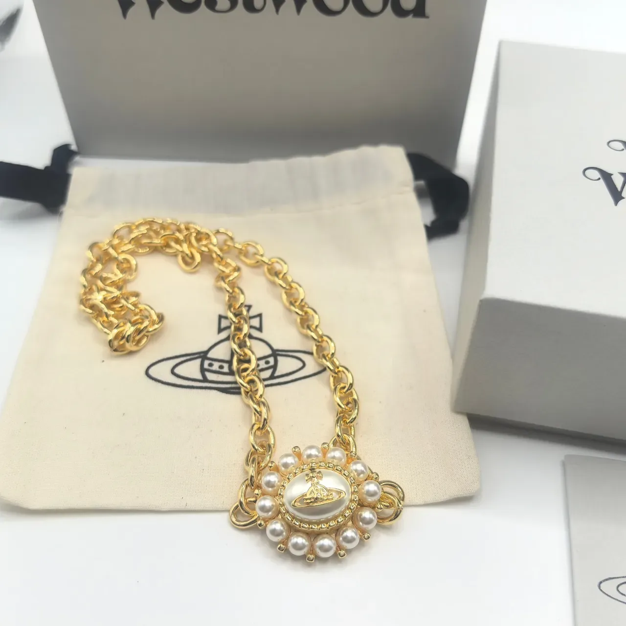 Vivienne Westwood Pearl Orb Gold and Silver Tone Necklace 5