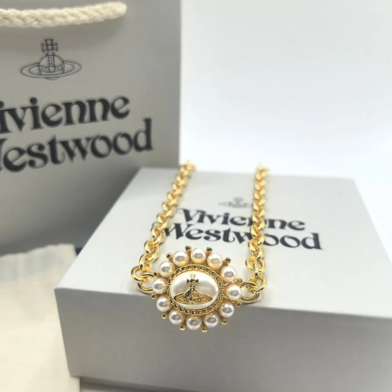 Vivienne Westwood Pearl Orb Gold and Silver Tone Necklace 6