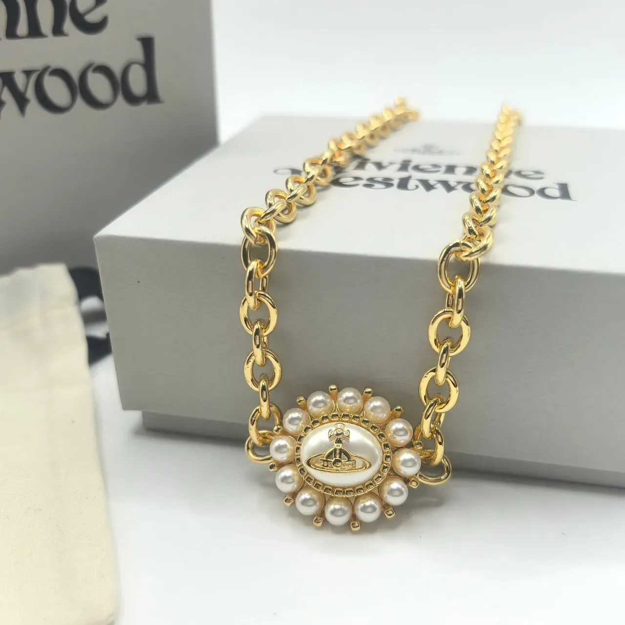 Vivienne Westwood Pearl Orb Gold and Silver Tone Necklace 7