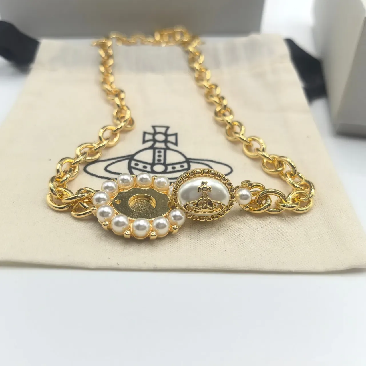 Vivienne Westwood Pearl Orb Gold and Silver Tone Necklace 8