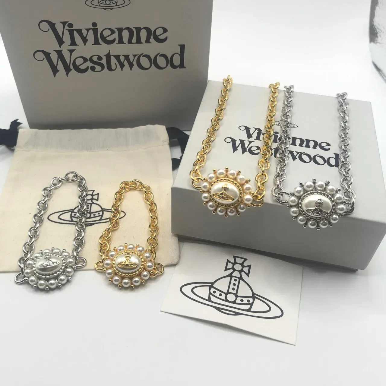 Vivienne Westwood Pearl Orb Gold and Silver Tone Necklace 9