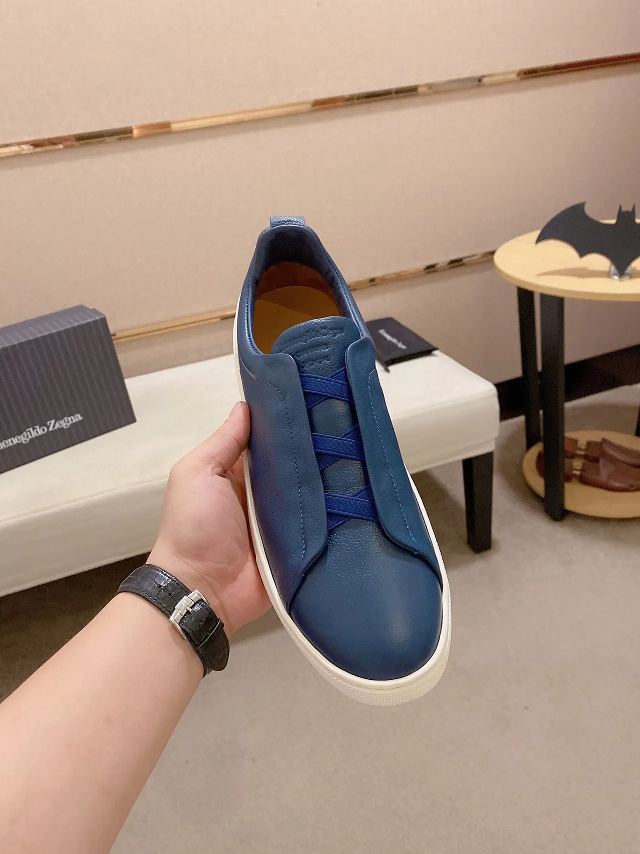 Zegna Blue Leather Slip-On Lifestyle Sneakers 9