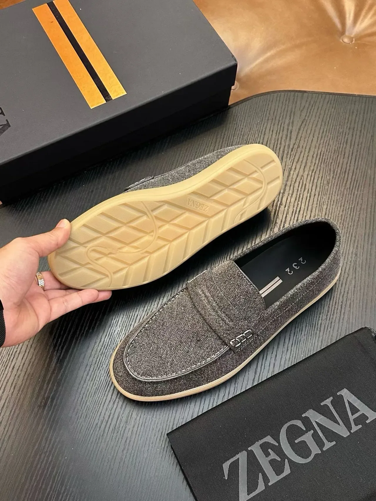 Zegna Gray Beige Heathered Fabric Upper Gum Rubber Sole Loafer 2